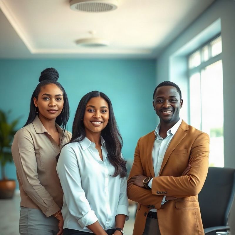 A composed professional team in a bright Malindi office with coastal light