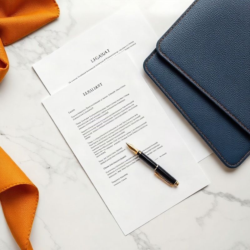 Legal documents and a navy leather folder on a marble surface, evoking careful compliance