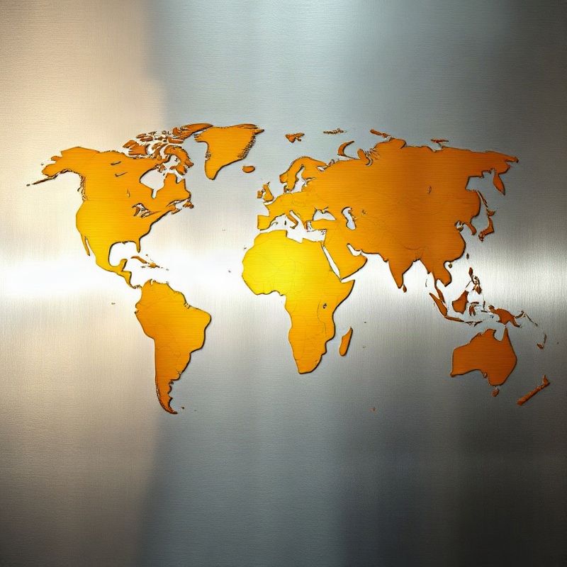 World map engraved on brushed steel, evoking international jurisdictional reach