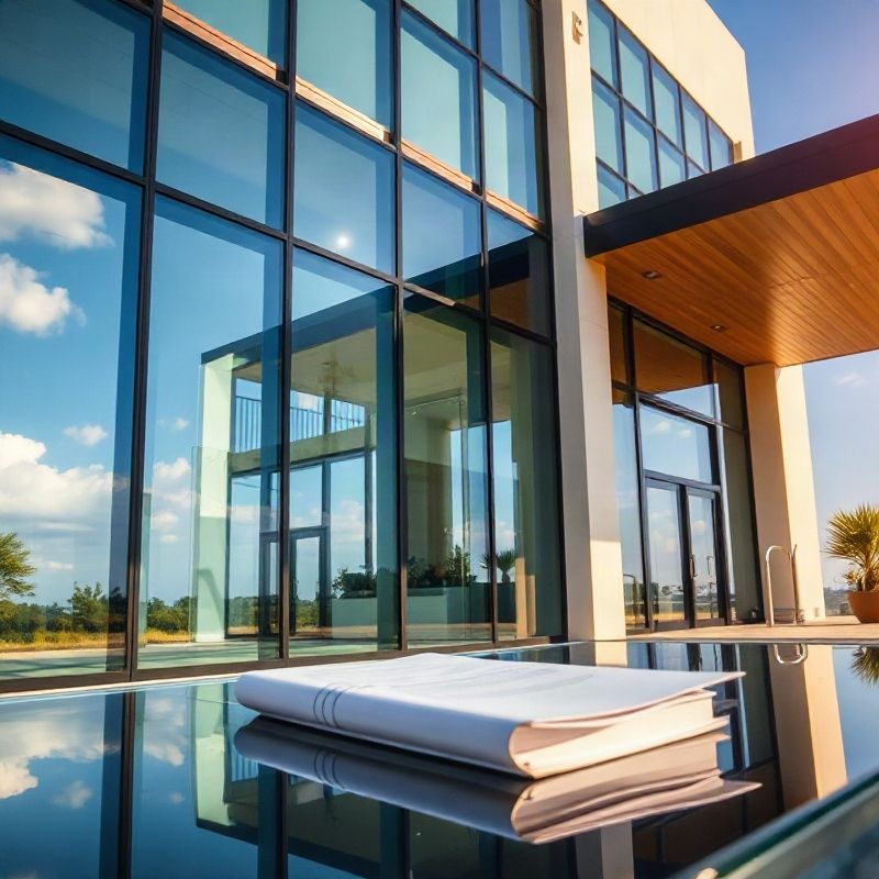 Modern glass office facade reflecting sky, evoking transparent offshore structuring